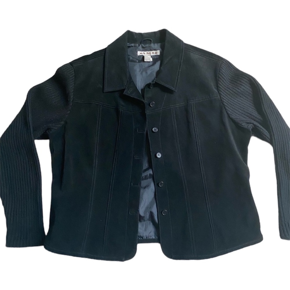 Vintage A.M.I Women’s Black Leather and Ribbed Fabric Sleeve Button Up Jacket